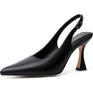 Women's Black-Pu Chunky Closed Pointy Toe Elegant Stylish Buckle High Heel Shoes